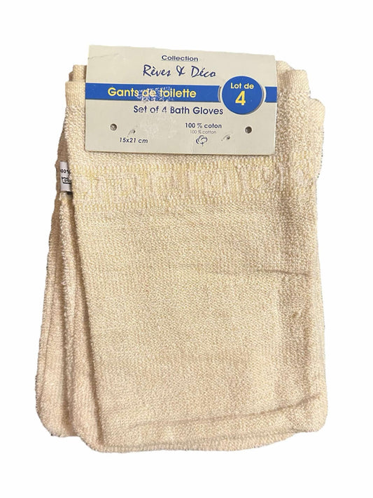 Lots de 4 Gants de Toilette Rêves & Déco 100%Coton Ecru