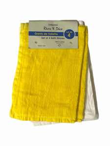 Lots de 4 Gants de Toilette Rêves & Déco 100%Coton Jaune/Blanc