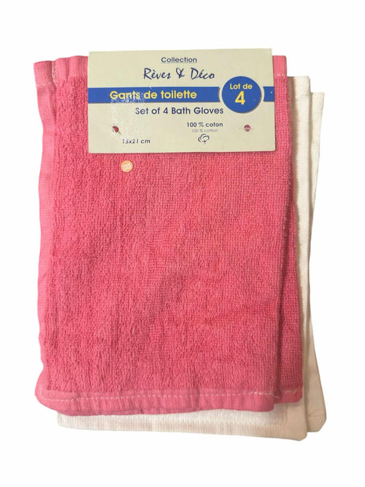 Lots de 4 Gants de Toilette Rêves & Déco 100%Coton Rose/Blanc