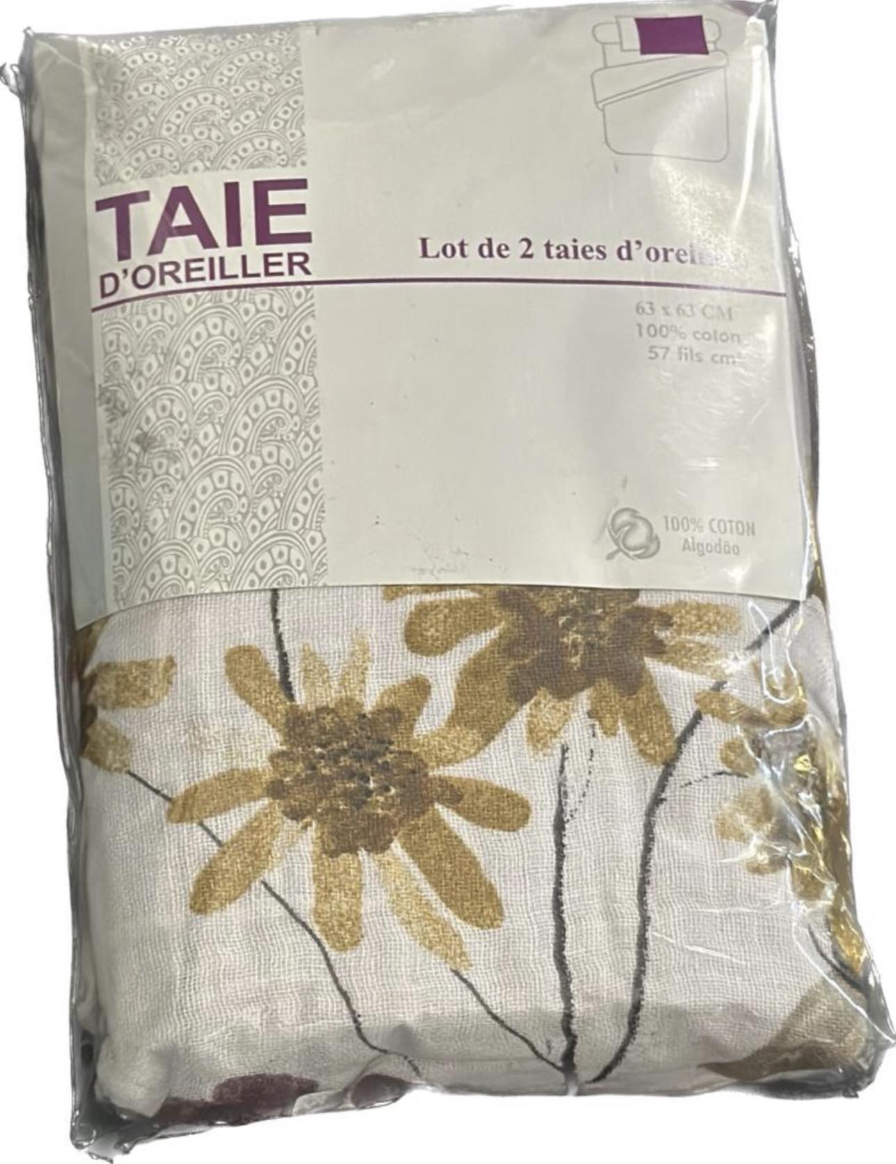 Lot de 2 taie d'oreiller fleur 63X63cm 100% coton