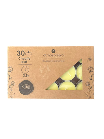 x30 bougies Atmosphéra non parfumées jaunes – 100% cire végétale